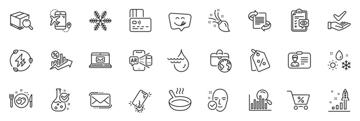 Icons pack as Development plan, E-mail and Frying pan line icons for app include Dermatologically tested, Messenger mail, Eye checklist outline thin icon web set. Snowflake. Vector