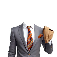 Gray color suit, red and black tie with transparent png