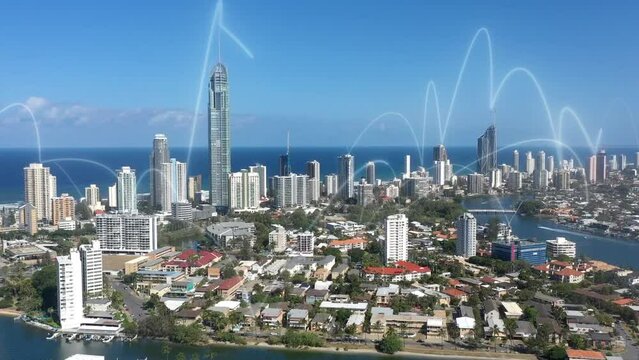 Smart city, connection and light by buildings for network, communication and contact with web 3 signal. Futuristic cityscape, fast internet and connectivity for global cyber development in metro cbd