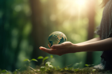 Globe in hands green plants eco concept earth day and enviroment day. Ai generated