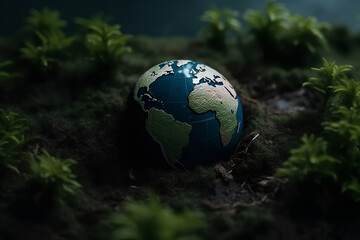 Obraz na płótnie Canvas Globe in green plants eco concept earth day and enviroment day. Ai generated