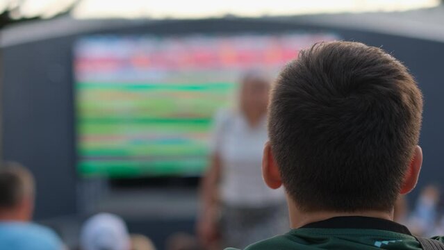 Little boy fan watching football match in fan zone, rear view