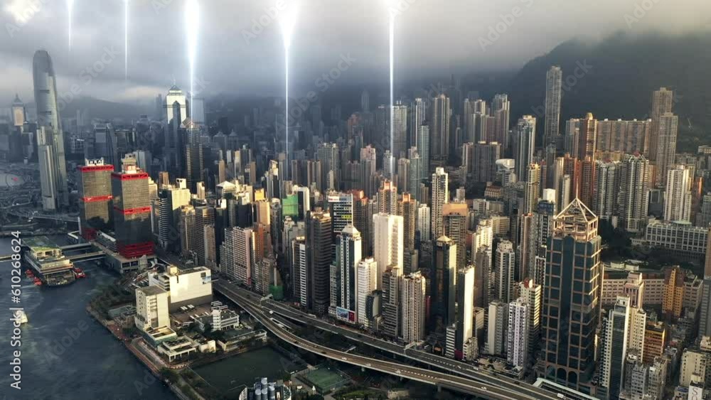 Aufkleber smart city, connectivity and skyline with futuristic network, communication or contact with cloud co