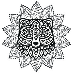 Bear mandala ornament. Vector illustration. Flower Ethnic drawing. Bear animal nature in Zen boho style. Coloring page black and white