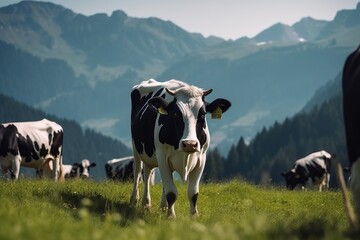 Fototapeta na wymiar black and white cows on a pasture in the mountains. eco products. cow farm. generative ai,
