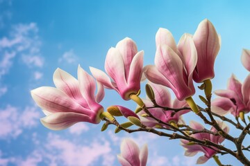 magnolia bloom on the background of the sky in the rays of the sun. the beauty of nature. spring flowers. generative ai,
