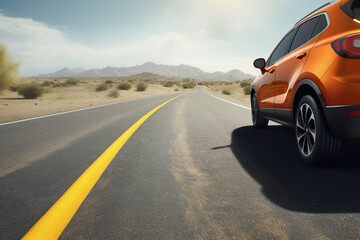 Fototapeta na wymiar travel concept. orange car on the road. car on a freeway in a beautiful area. generative ai,