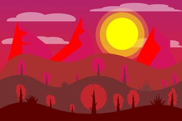 Vector dawn in the mountain with tree illustration