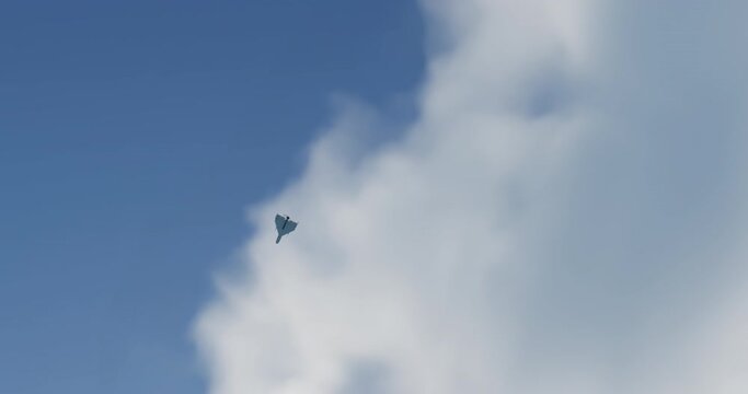 View of a kamikaze drone flying against the sky, UAV used in modern conflict