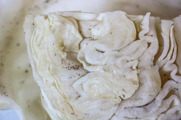 Necrotic spot on cabbage leaves grouped around the midrib. Improper care and storage of vegetables.