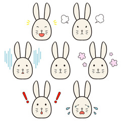 色々な表情のデフォルメ白うさぎの顔イラストセット