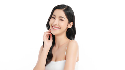 Fototapeta premium Beautiful young asian woman with clean fresh skin on white background, Face care, Facial treatment, Cosmetology, beauty and spa, Asian women portrait.