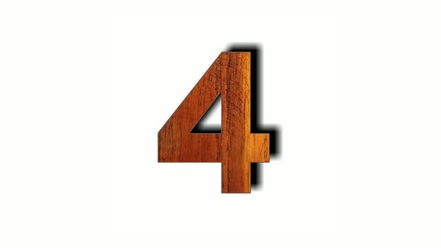 Wooden number 4 four animation isolated on white background. Motion graphics numbers sign symbol for video element