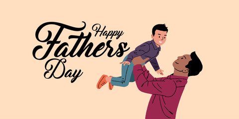 Happy Father's Day calligraphy with the father holding boy editable vector illustration for social media posts.  