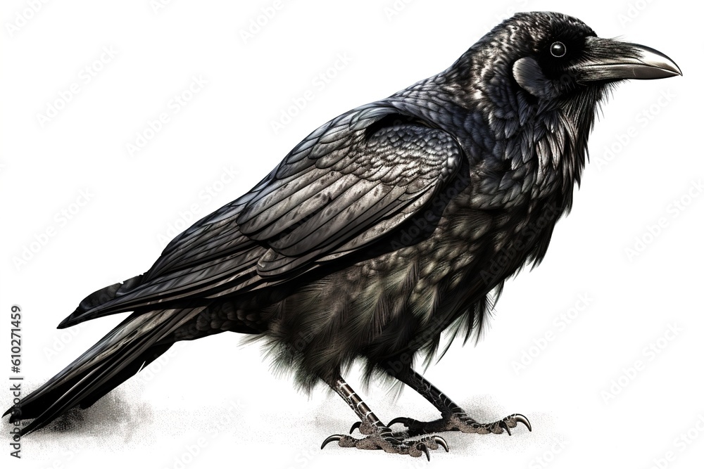 Poster drawing of a black crow isolated on a white background. generated by ai.
