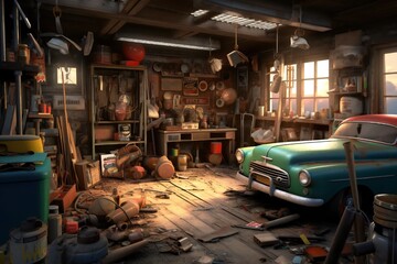 Abstract Old Vintage Car Repair or Restoration Artwork Generative AI