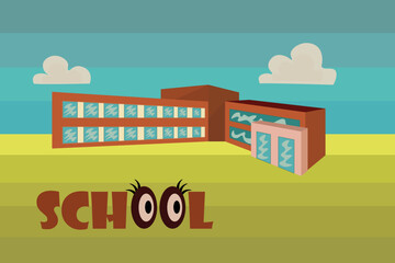 A school with a green lawn. Pin. Vector illustration