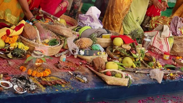 offerings during holy rituals at festival from different angle video is taken on the occasions of chhath festival which is used to celebrate in north india on Oct 28 2022.
