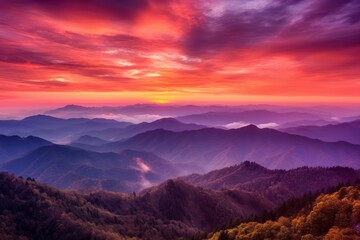 Naklejka na ściany i meble Breathtaking sunrise over a majestic mountain. Beautiful illustration picture. Generative AI