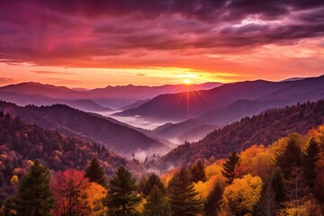 Naklejka na ściany i meble Breathtaking sunrise over a majestic mountain. Beautiful illustration picture. Generative AI