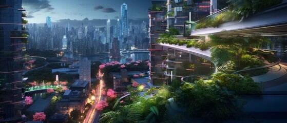 Futuristic cityscape with technology and nature. Beautiful illustration picture. Generative AI