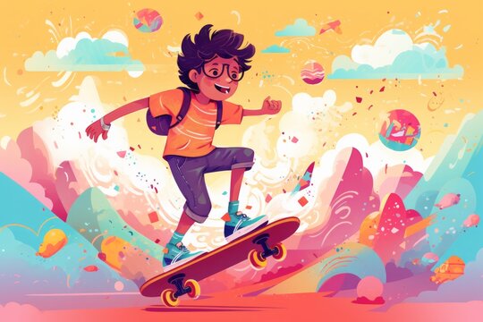Cute boy character on the skateboard. Beautiful illustration picture. Generative AI