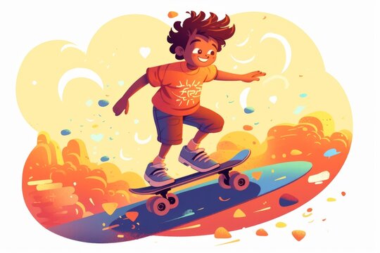 Cute boy character on the skateboard. Beautiful illustration picture. Generative AI