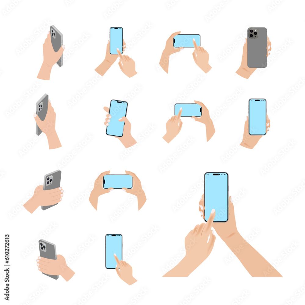 Poster hand holds the mobile phone in horizontal and vertical positions with blank screen in different posi