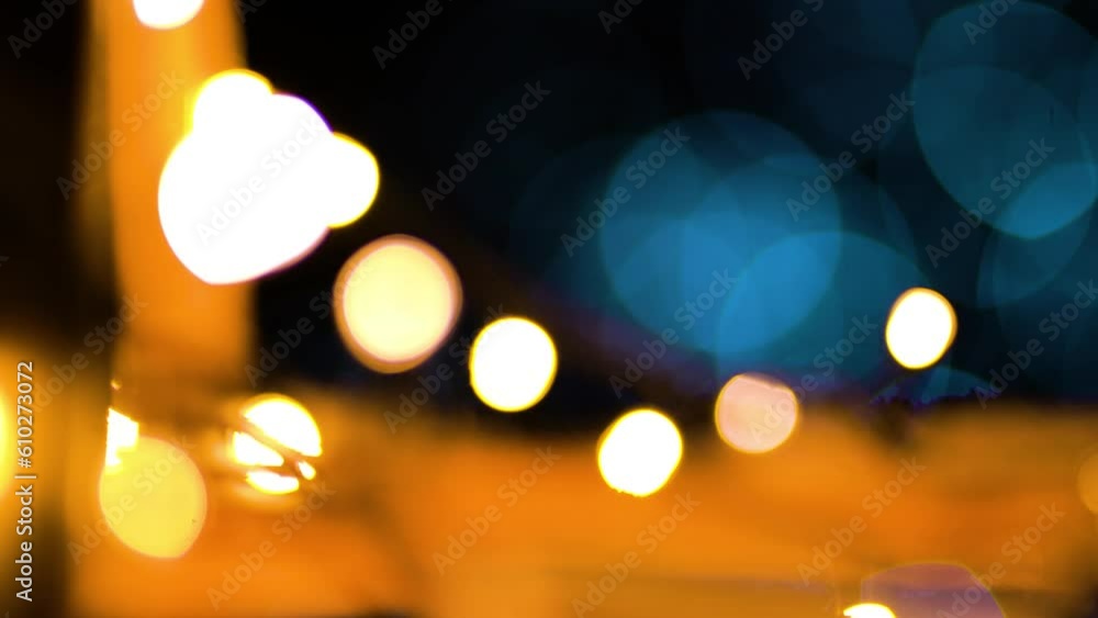 Poster blurred bokeh background of cafe string lights and white light bubbles