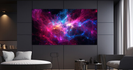 Room with tv on the wall and display with galaxy background
