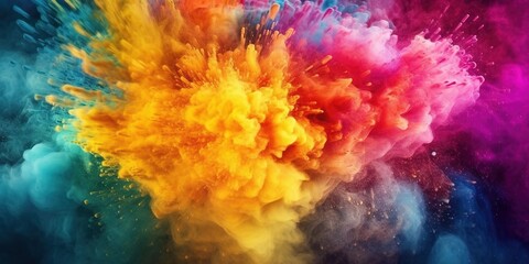Naklejka na ściany i meble Colored powder explosion. Abstract closeup dust on backdrop. Colorful explode.