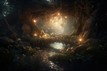 Bridge over the mountain river in the fantasy forest with plants, trees and magic lights