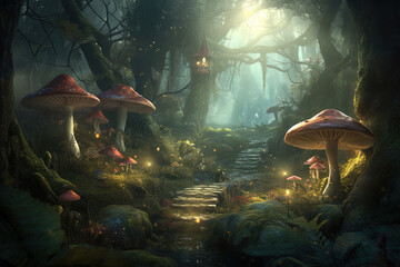 Path in the fantasy forest with plants, trees, giant mushrooms and magical lights