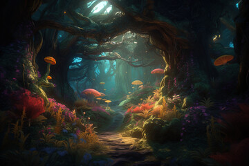Obraz na płótnie Canvas Magic path in the fantasy forest with plants and flowers in vibrant colors and magical light