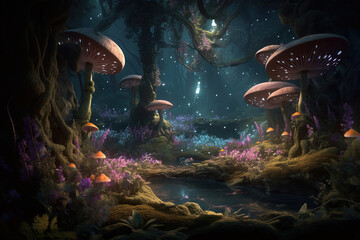 Fototapeta na wymiar Fantasy forest with plants and flowers in vibrant colors, mushrooms and magical lights