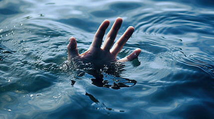 hand in sea asking help. person drowning and sinking. generative ai - obrazy, fototapety, plakaty