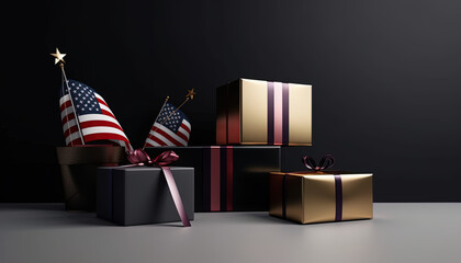 Luxury gift boxes with ribbon, American flags and dark gradient background