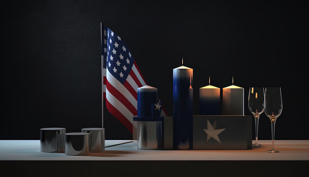 Close-up with the American flag, candles in lit colors and crystal glasses