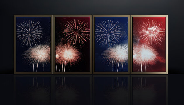 Mock-up picture frames with fireworks and reflections on dark background