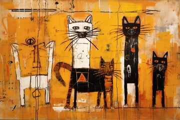 Many cats art on the wall. Beautiful illustration picture. Generative AI