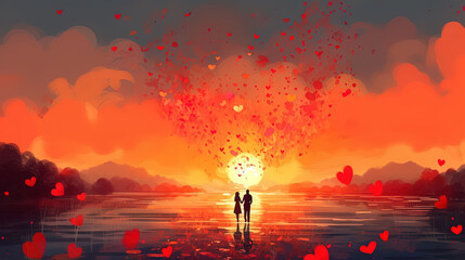 Romantic illustration with a couple in love and hearts floating