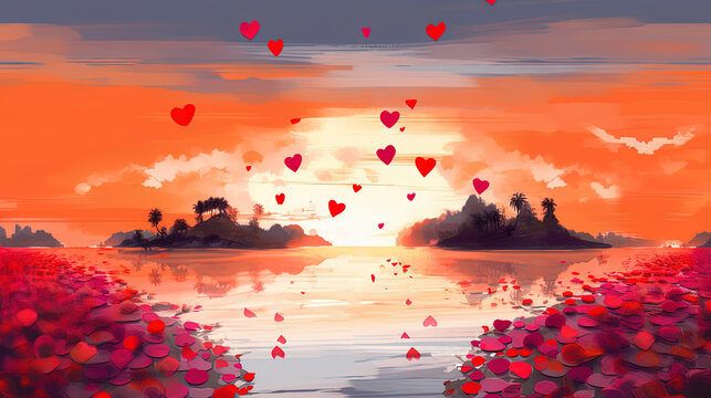 Illustration with tropical islands and floating hearts at sunrise