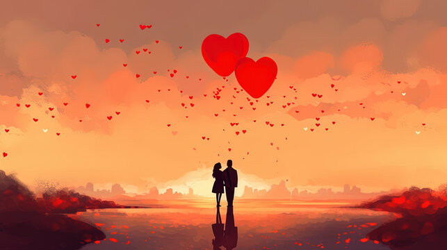 Romantic illustration with couple in love and floating hearts