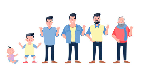 Character with human life cycles vector illustration. Character of a man in different ages