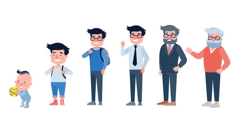 Character with human life cycles vector illustration. Character of a man in different ages