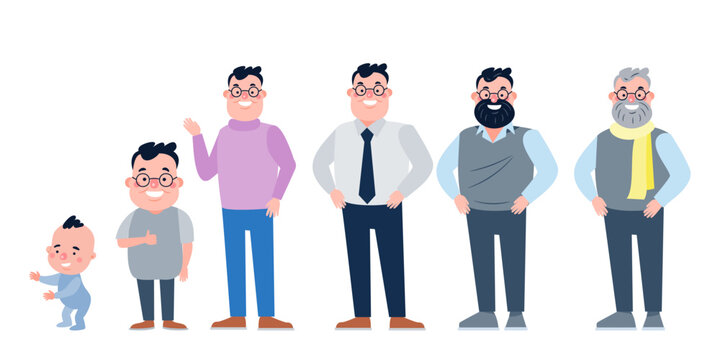 Character with human life cycles vector illustration. Character of a man in different ages