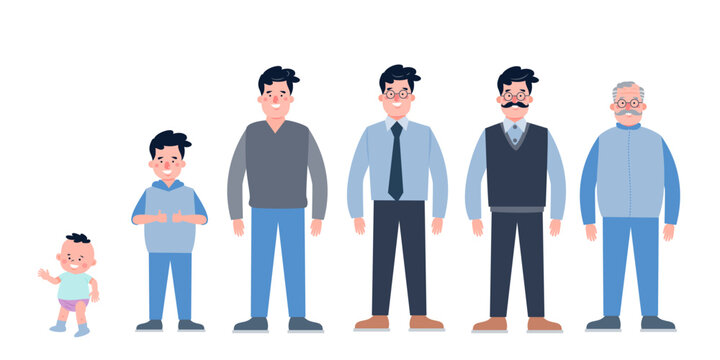Character with human life cycles vector illustration. Character of a man in different ages