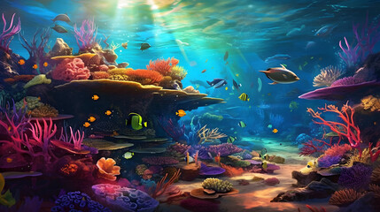the captivating beauty of the underwater world, with vibrant coral reefs, exotic fish swimming through crystal-clear turquoise waters, and rays of sunlight creating a mesmerizing play of colors and sh