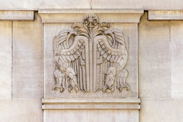 An architectural feature of the College Park building, a heritage landmark in Toronto, Canada