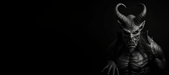 Black and white photorealistic studio portrait of the demonic being lucifer the devil on black background. Generative AI illustration